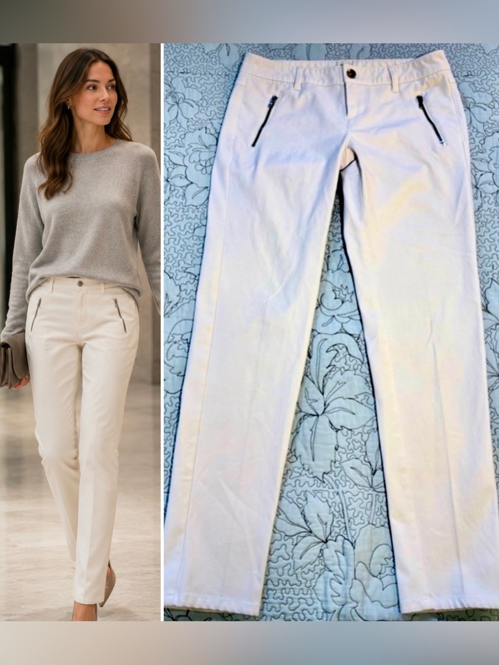 💥Ecru Winter Pant Cream Slim Straight Zip Pocket Tailored Trouser Sz 2💚